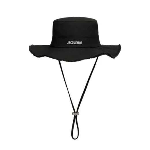 Black wide-brim bucket hat with a frayed edge and a long chin cord with a toggle