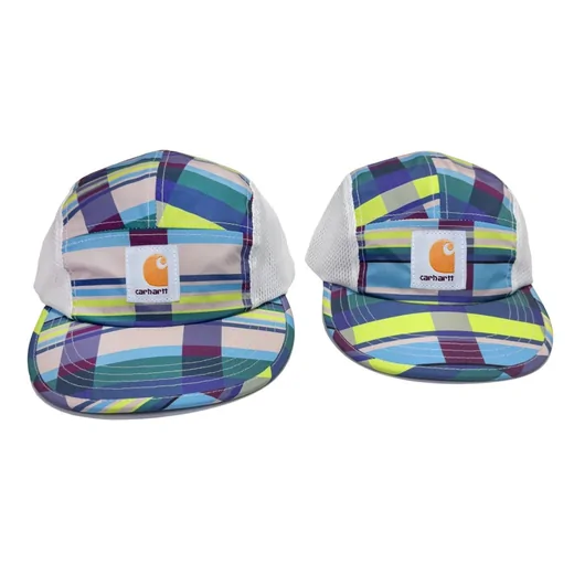 Two flat-brim caps in a bright multicolour plaid with white mesh at the back