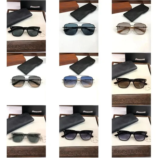 Grid of nine sunglasses in black, grey and metal frames with their cases