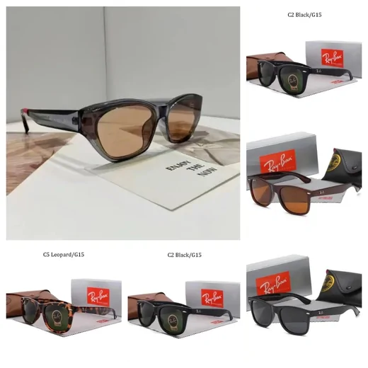 Sunglasses chart with tortoise, black and brown frames and a larger close-up of a tan-lens pair