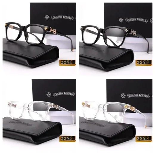 Four photos of square glasses frames in black and clear, each with a black case
