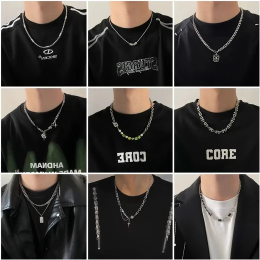 Nine photos of men wearing silver-tone chain necklaces over dark tops