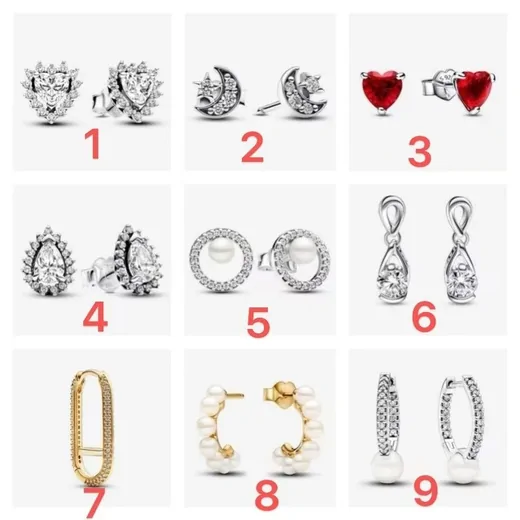 Chart of nine numbered stud earring designs including hearts, moons and hoops