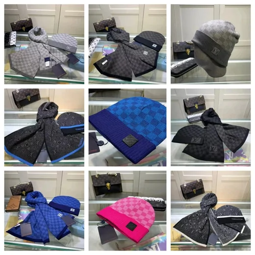 Grid of grey and dark knitted scarves and beanies with check patterns
