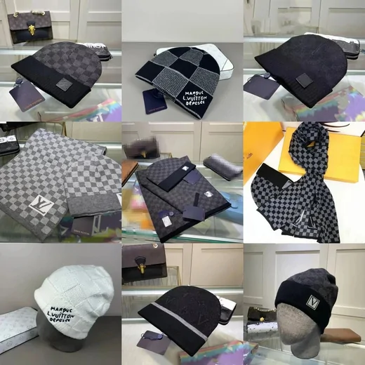 Grid of navy and grey check-knit beanies and scarves photographed on a counter