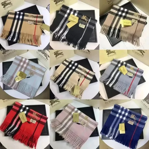 Grid of check-pattern scarves in camel, black, grey, red, pink and blue