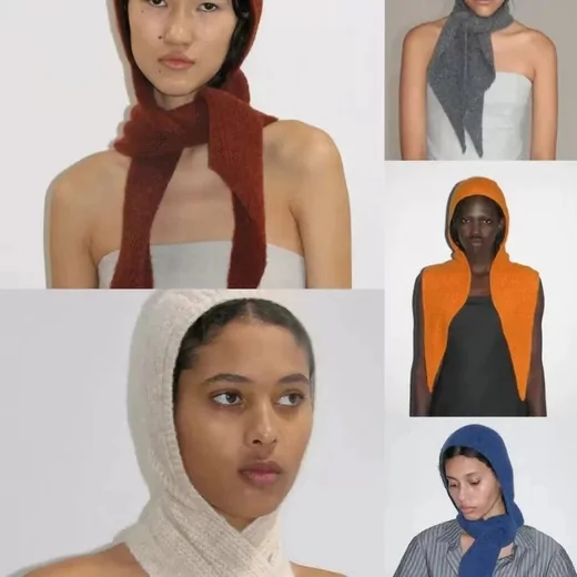 Model wearing a rust knit hood with long scarf ends, beside smaller photos of grey and cream versions