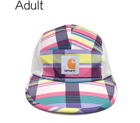 Plaid five-panel caps labelled Adult and Children on a white background