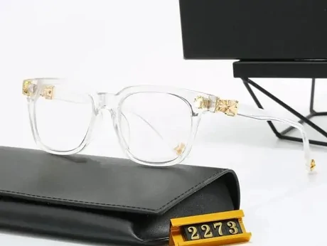 See-through glasses frame resting on a black case with a small code card