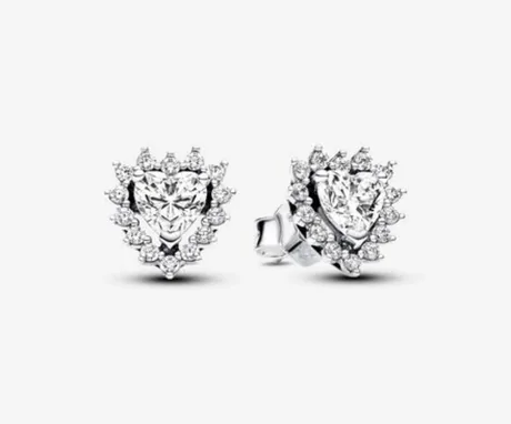 Pair of heart-shaped stud earrings with clear stones on a white background
