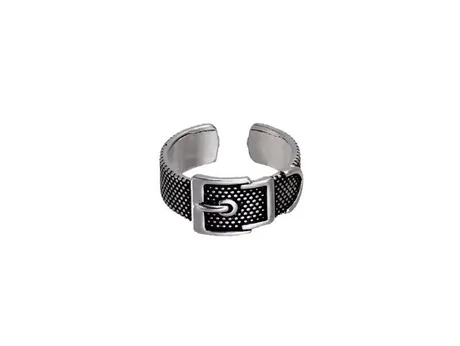 Silver-tone open ring shaped like a belt with a buckle on a white background
