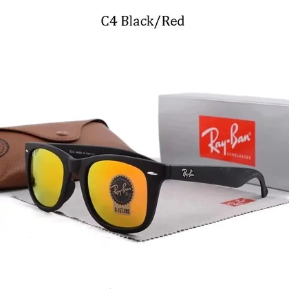 Black sunglasses with orange mirrored lenses beside a case