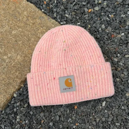 Pink speckled rib beanie with a square patch