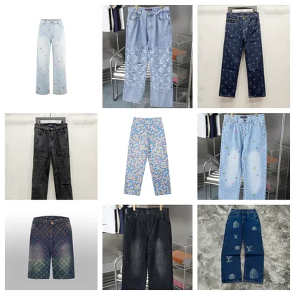 Grid of jeans and shorts in light, mid and dark washes