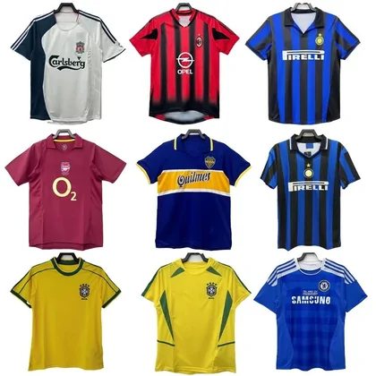 Grid of classic football shirts in red, blue, yellow and white