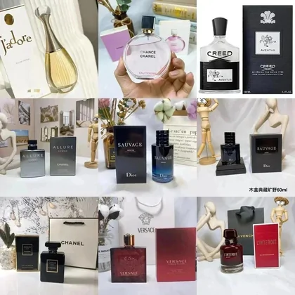 Collage of perfume bottles and boxes on shop shelves
