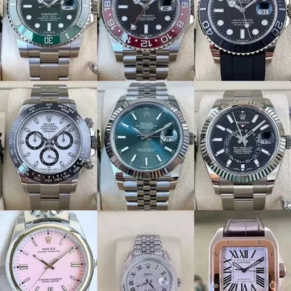 Grid of steel wristwatches with coloured dials and bezels